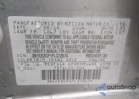 2015 Nissan Versa Note S (Sr)/S Plus/Sl/Sr/Sv from USA, damaged, VIN 3N1CE2CP1FL372674
